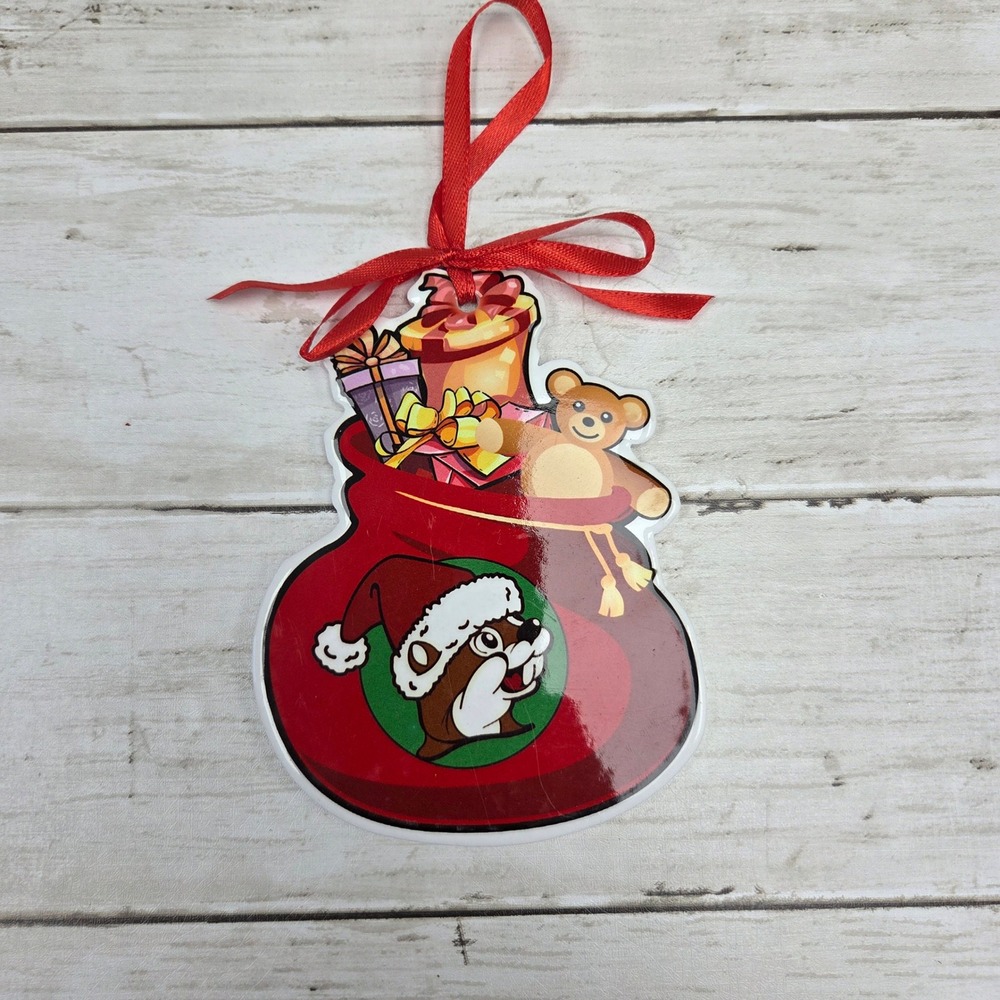 Buc ee's Christmas Ornament Flat Round Toysack Santa Beaver with Gifts Bucees